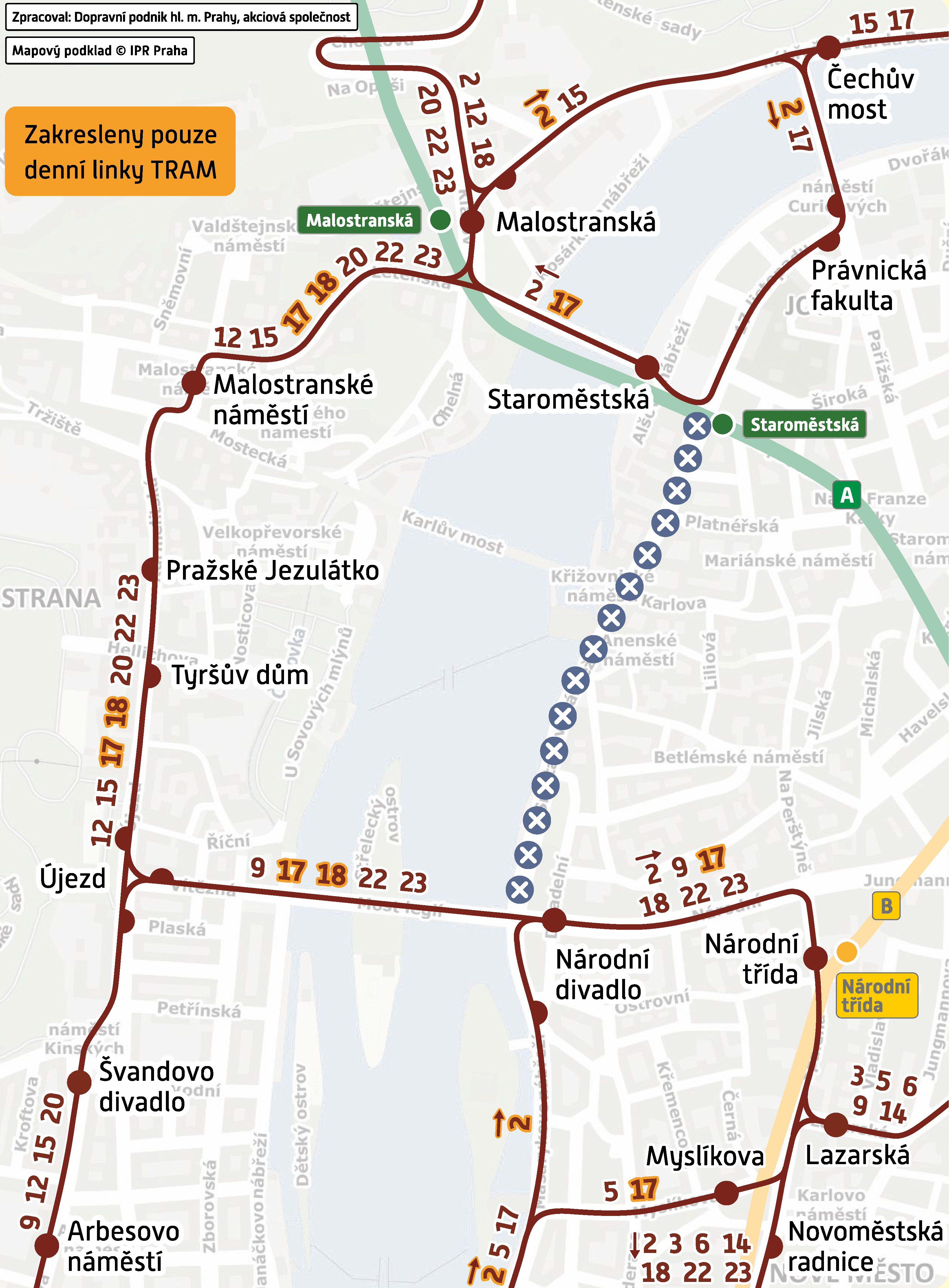 Schéma provozu tramvají v době výluky