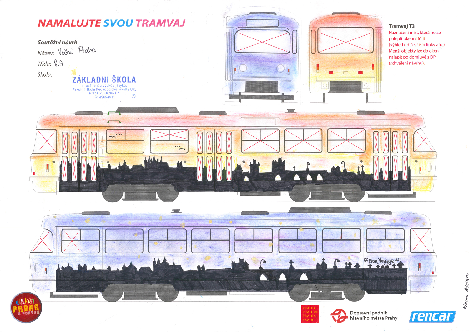 Školní soutěž „Namalujte svou tramvaj“ vyhrála Noční Praha