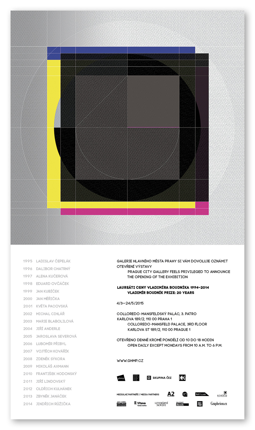 Výstav „Laureáti Ceny Vladimíra Boudníka 1994–2014“ v Colloredo-Mansfeldském paláci na Starém Městě.